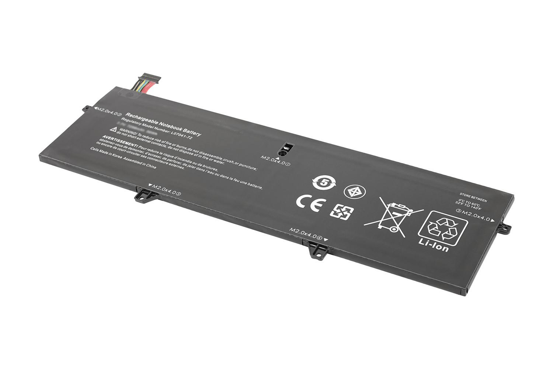 Batteria per laptop, nera con testo bianco e avvertenze.