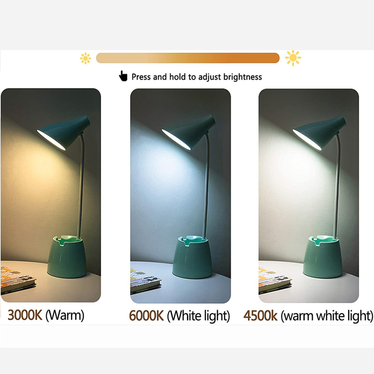 Schreibtischlampe mit einstellbarer Helligkeit. Drei Ansichten mit warmem, weißem und warmweißem Licht.
