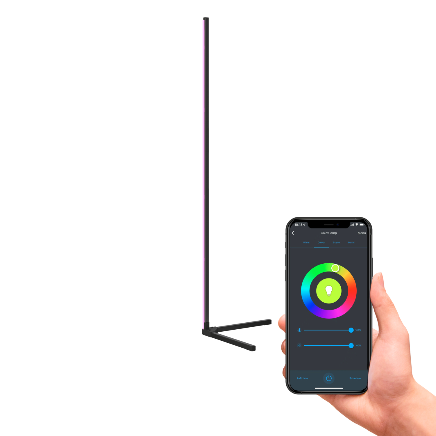 Lampa stojąca, telefon z aplikacją. Lampa ma fioletowe światło i czarną podstawę.