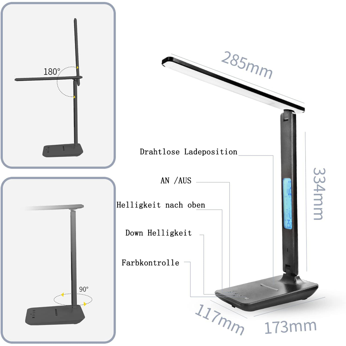 Schwarze Schreibtischlampe mit Maßen und Bedienfeld-Bezeichnungen.