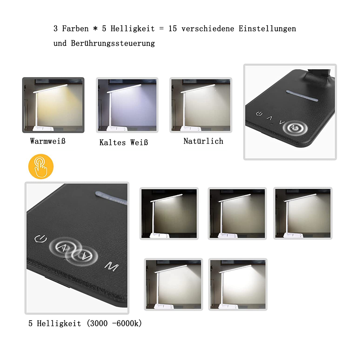 Eine schwarze Schreibtischlampe mit einstellbaren Helligkeitseinstellungen und Touch-Bedienelementen.