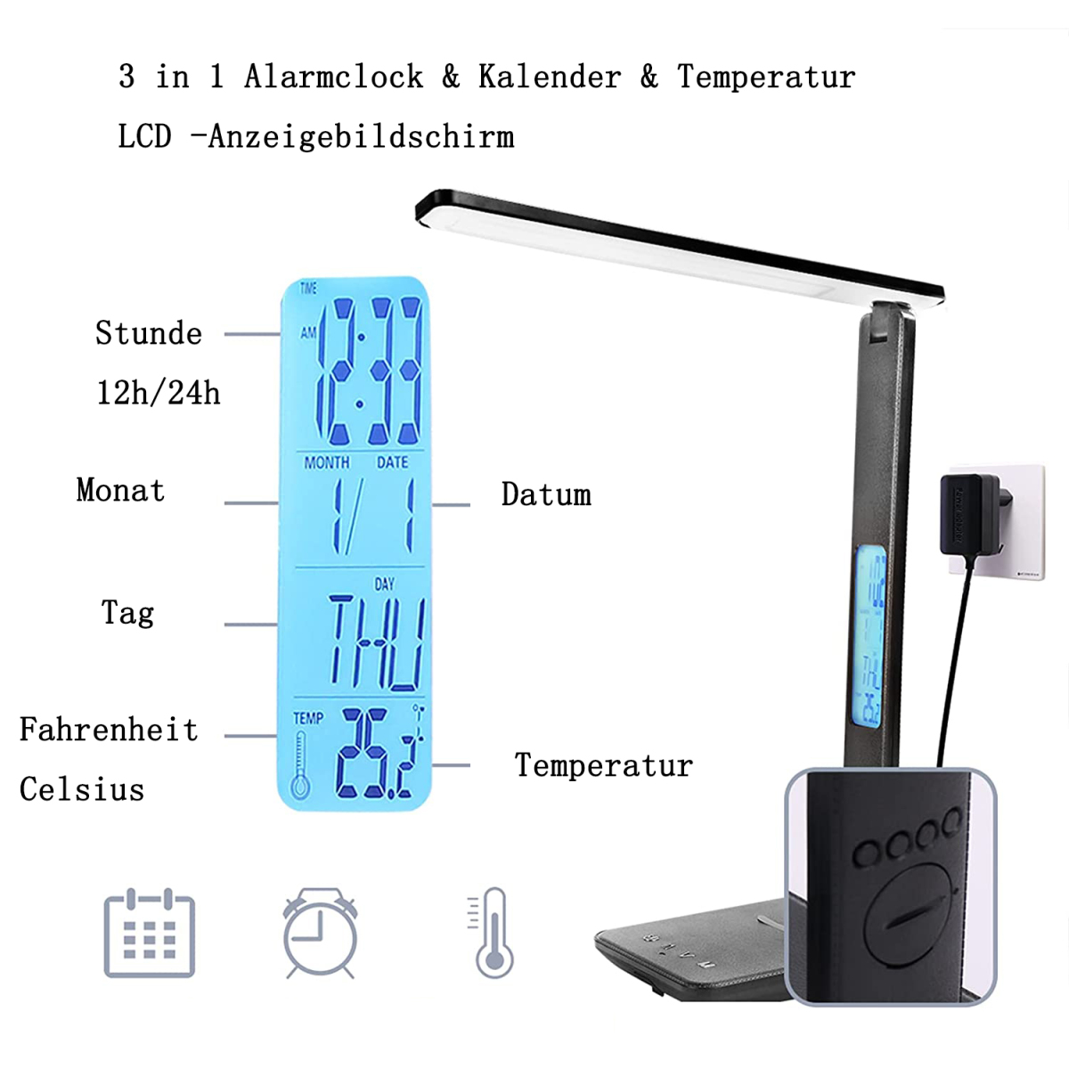 Ein digitaler Wecker mit blauem Display. Er zeigt Zeit, Datum und Temperatur an. Schwarze Basis und Ladegerät.