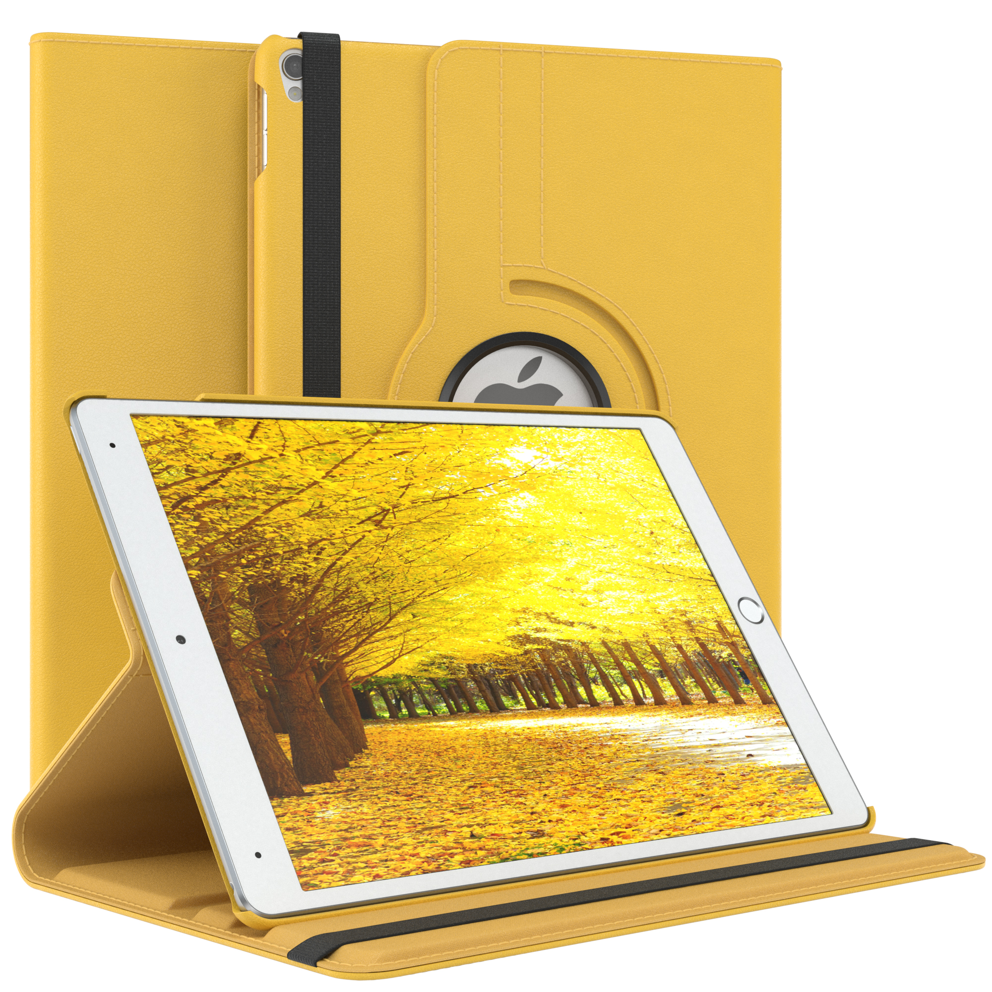 Eine gelbe Tablethülle mit Tablet, Studioaufnahme.