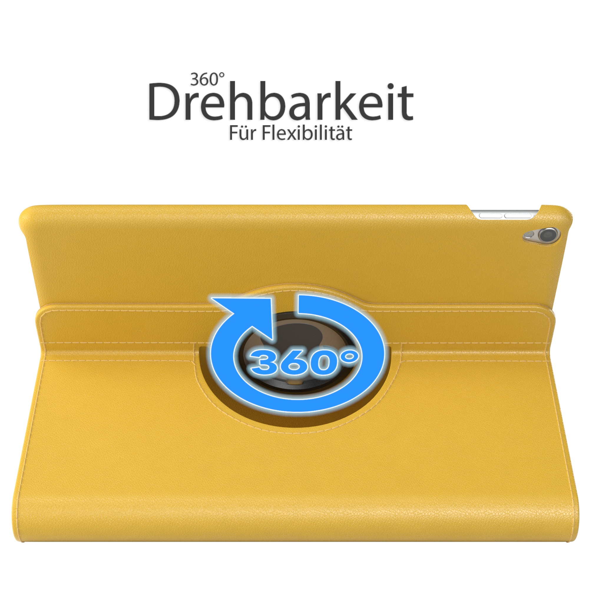 Gelbe Tablet-Hülle mit 360-Grad-Drehfunktion. Weißer Hintergrund.