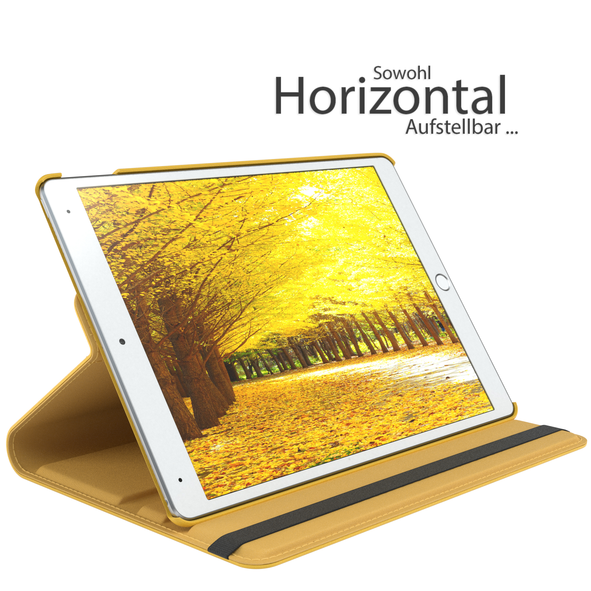 Tablet in einer gelben Hülle. Der Bildschirm zeigt eine Herbstszene mit gelben Blättern. Die Hülle liegt auf einem Tisch.