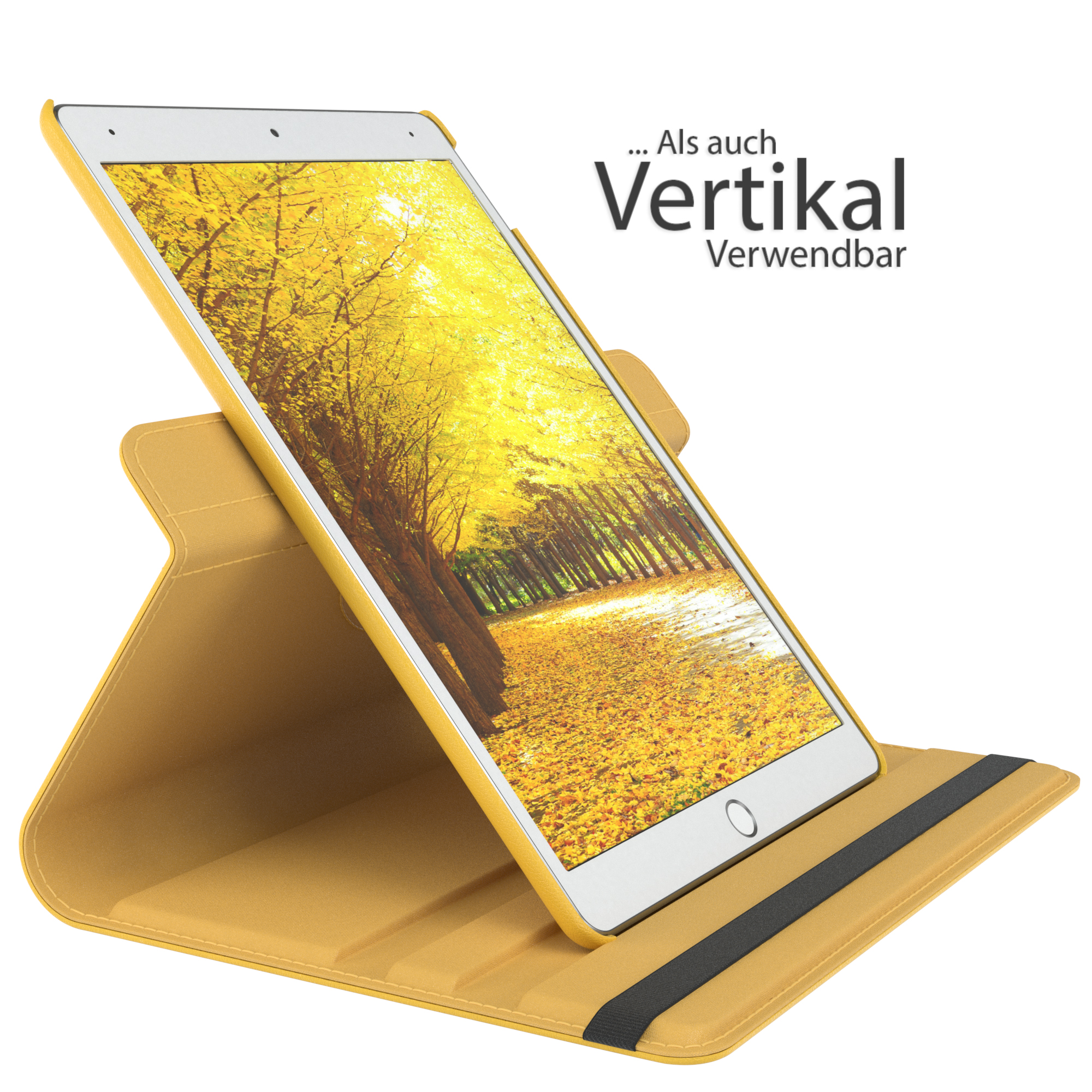 Tablet in gelbem Case. Display zeigt eine Herbstlaubszene. Text: 'Vertikal'.