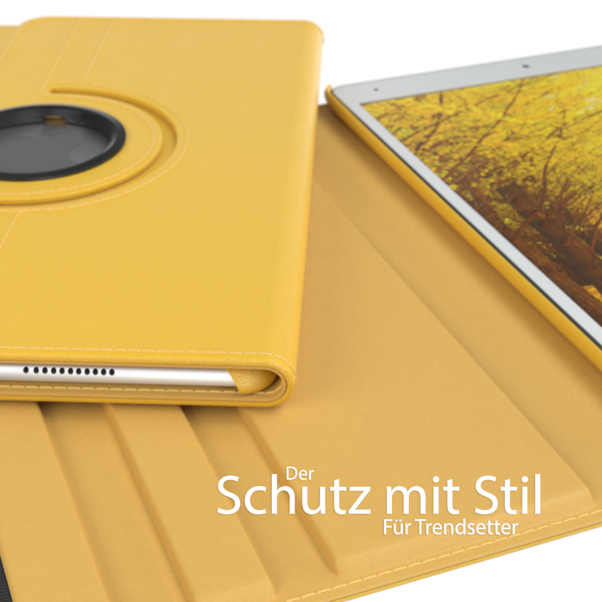 Gelbe Tablet-Hülle, offen, mit Tablet und Text über Schutz.