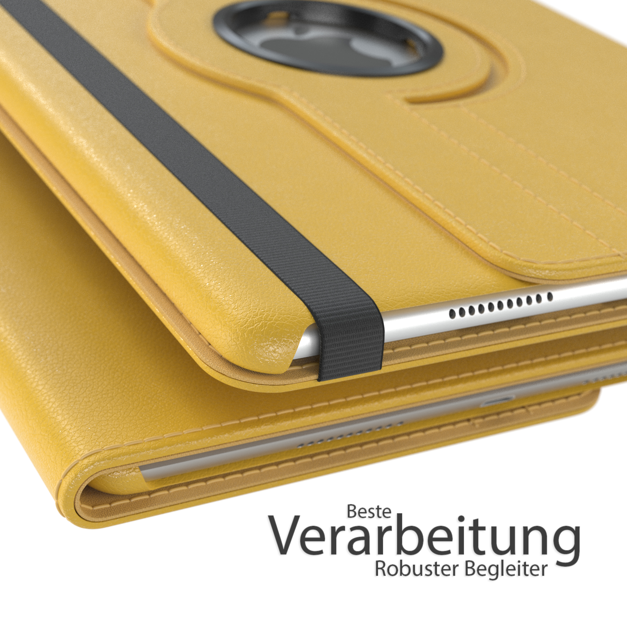 Gelbe Tablethülle mit schwarzem Riemen und dem Text 'Beste Verarbeitung'.