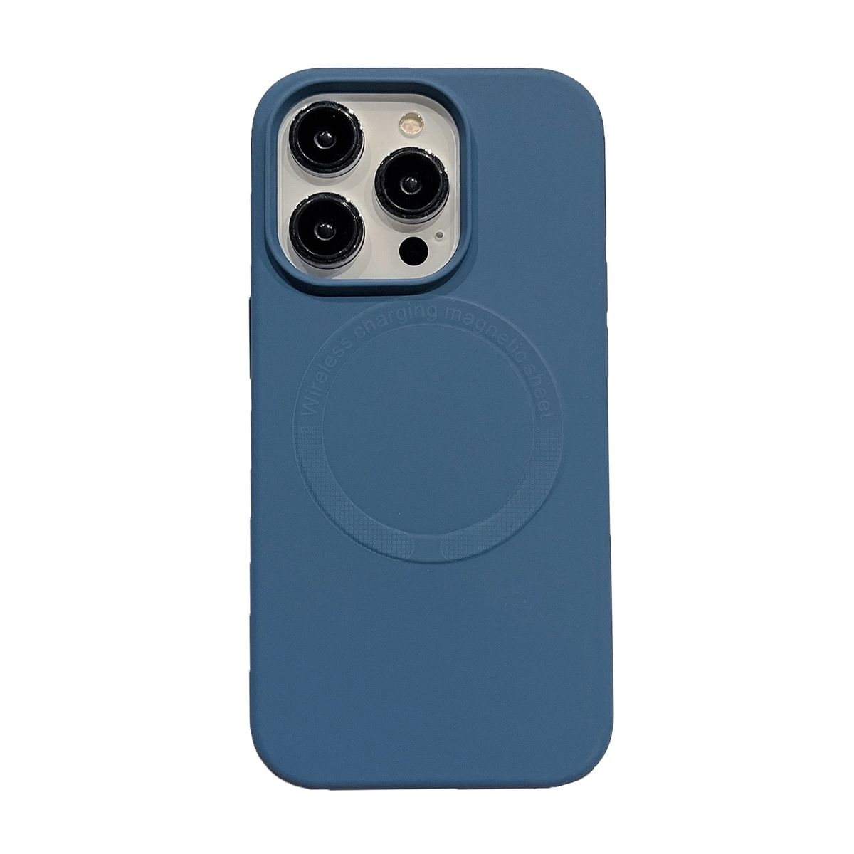 Blaue Handyhülle mit Kameraausschnitt und kabellosem Ladekreis. Telefon ist innen.