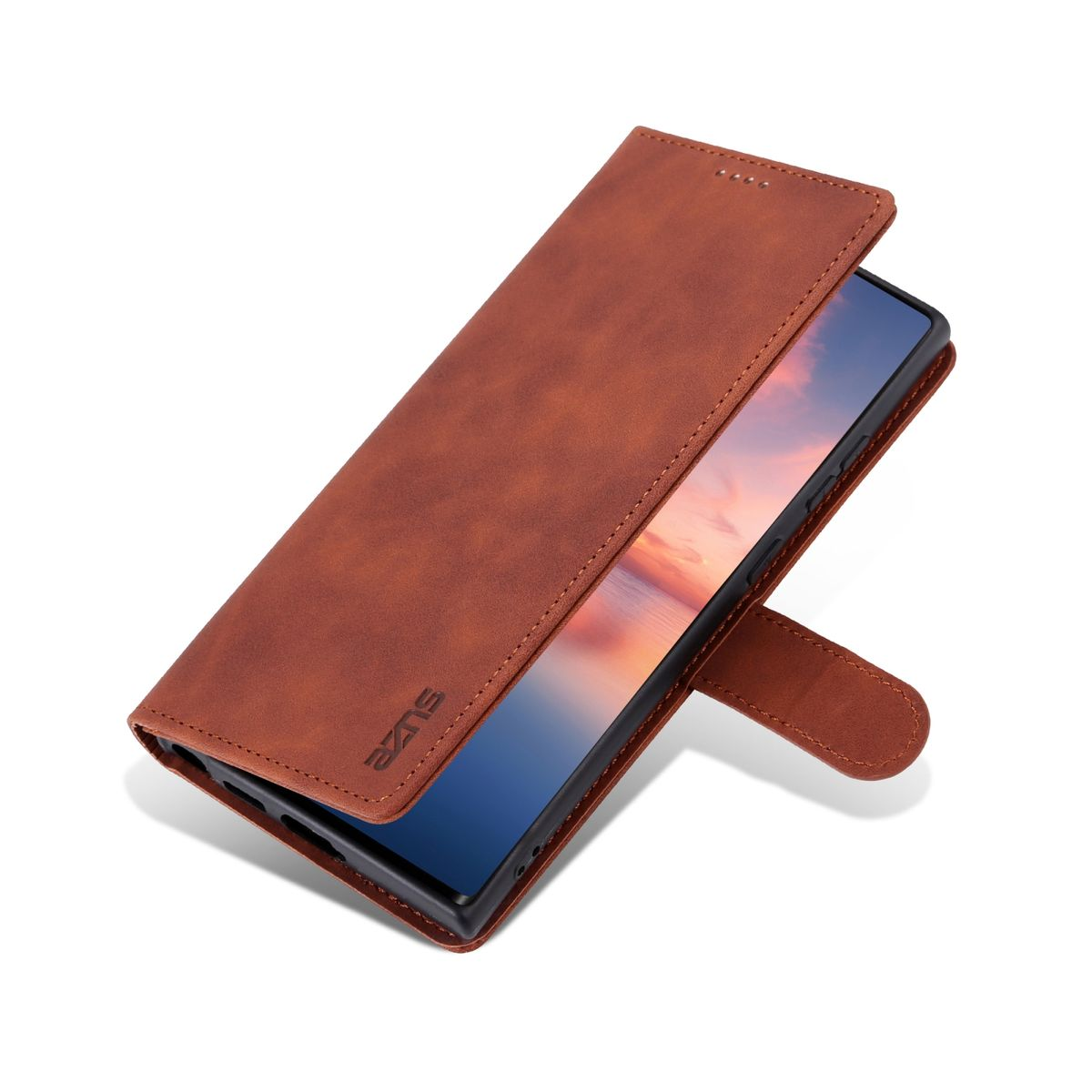 Braune Handyhülle mit einem Telefon darin. Die Hülle ist offen und wird angezeigt.