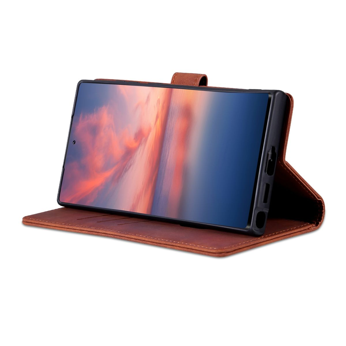 Braunes Handycase mit Smartphone, offen. Der Bildschirm zeigt ein abstraktes, farbenfrohes Bild.