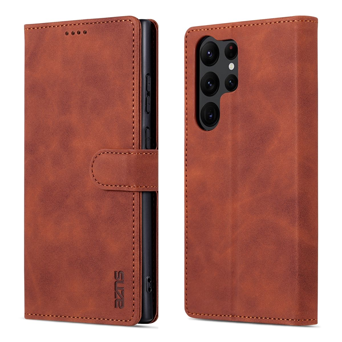 Braune Leder-Handyhülle, offen, mit Knopf und Telefon darin.