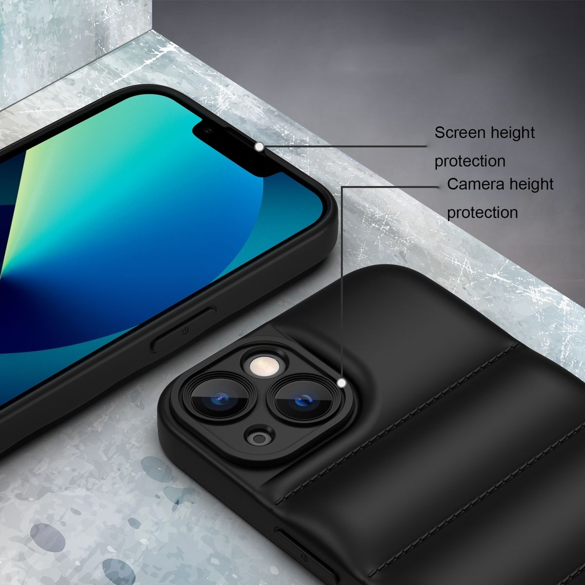 Schwarzes Telefon mit schwarzer Hülle. Hülle schützt Bildschirm und Kamera. Schwarzes Telefon, schwarze Hülle.