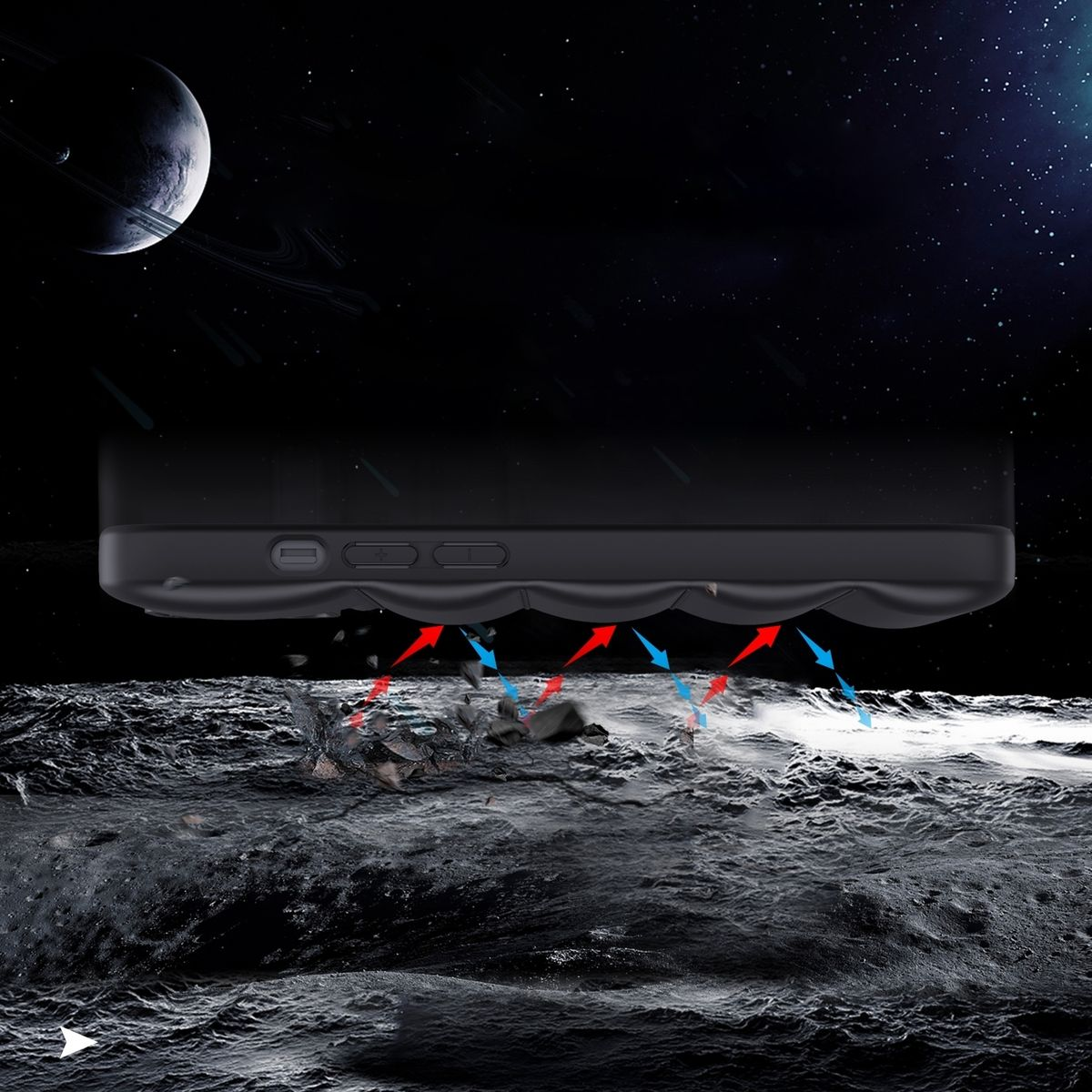Ein schwarzes Gerät mit Lüftungsöffnungen und Pfeilen, die den Luftstrom anzeigen. Ein Mond im Hintergrund.
