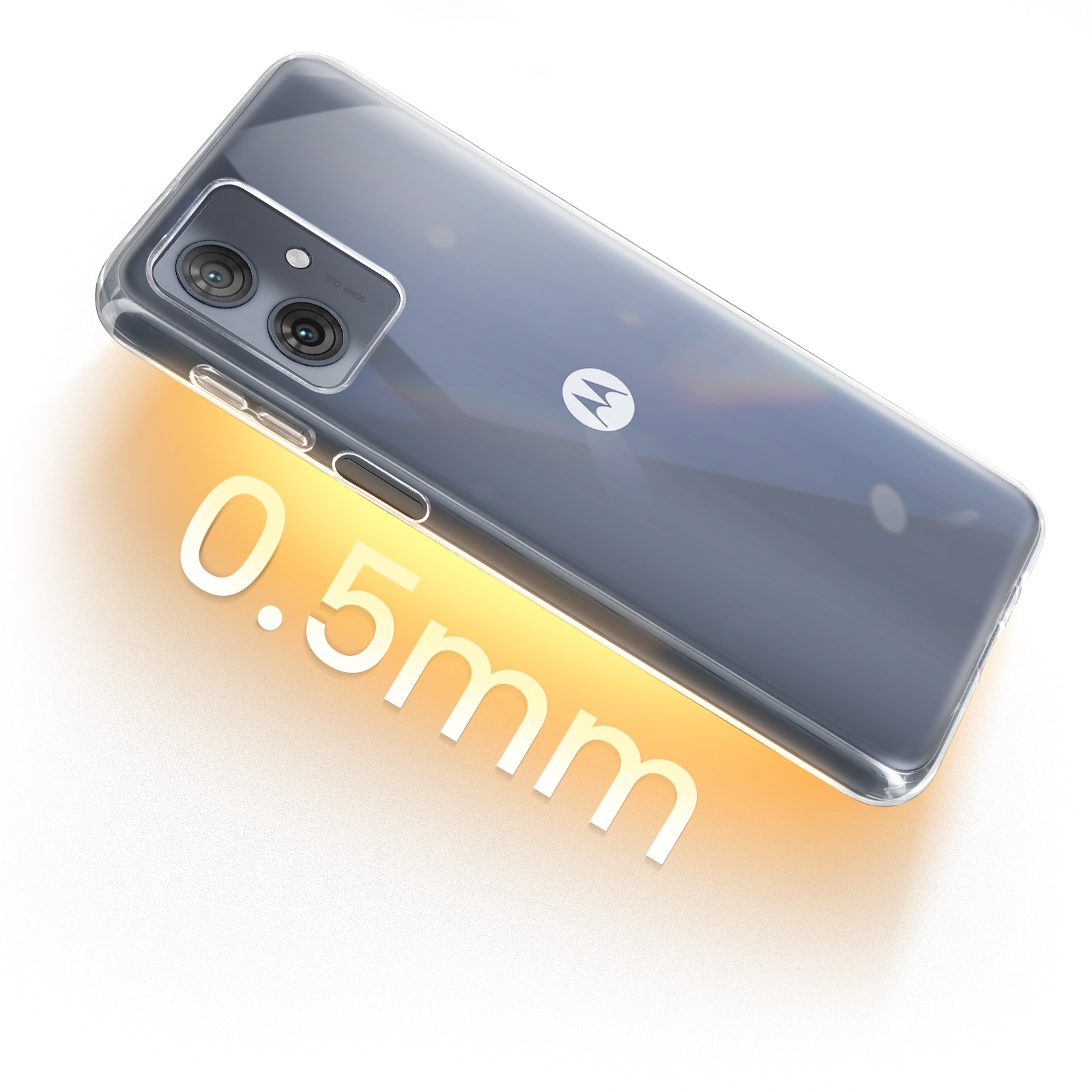 Un telefono in una custodia trasparente con spessore 0,5 mm.