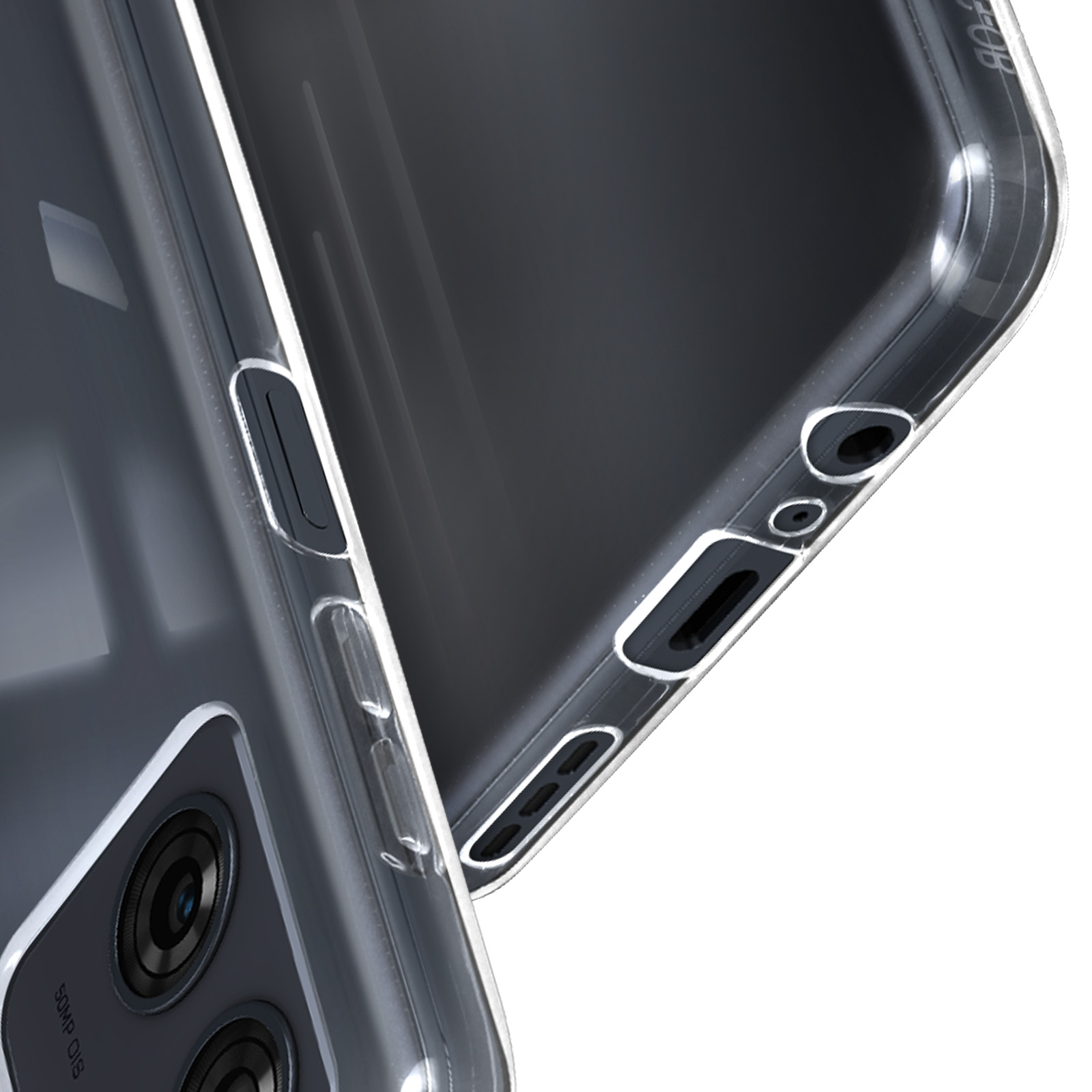 Primo piano di un telefono. Il lato è visibile, mostrando pulsanti e porte. Il telefono è trasparente.