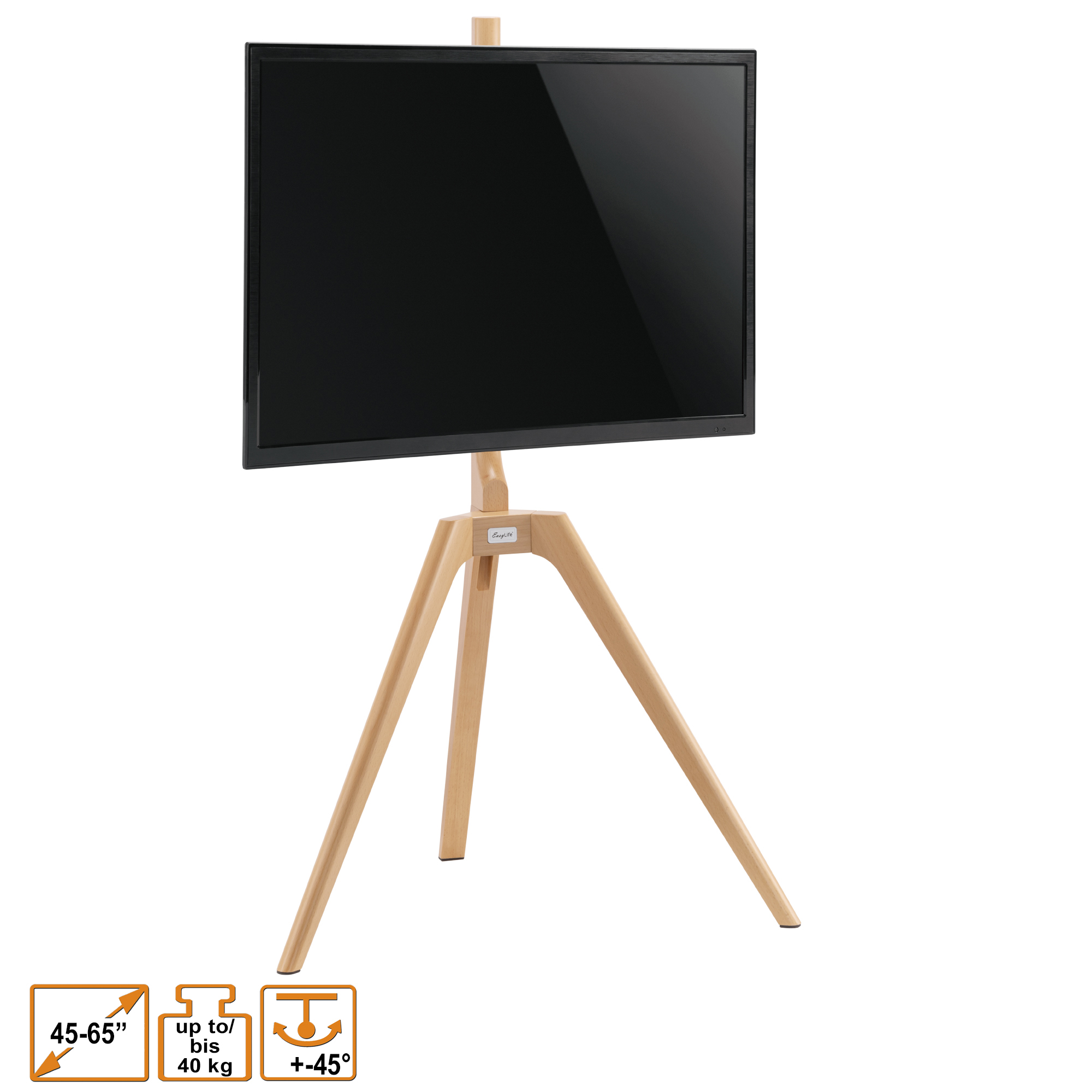 Ein TV-Ständer aus Holz mit schwarzem Bildschirm, getragen von einem Stativfuß, isoliert auf Weiß.