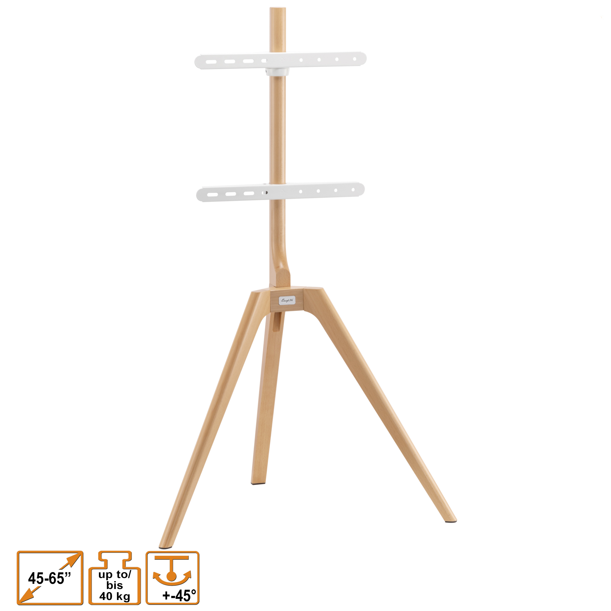 TV-Ständer aus Holz mit weißen Halterungen. Der Ständer hat einen Holzfuß und Beine.