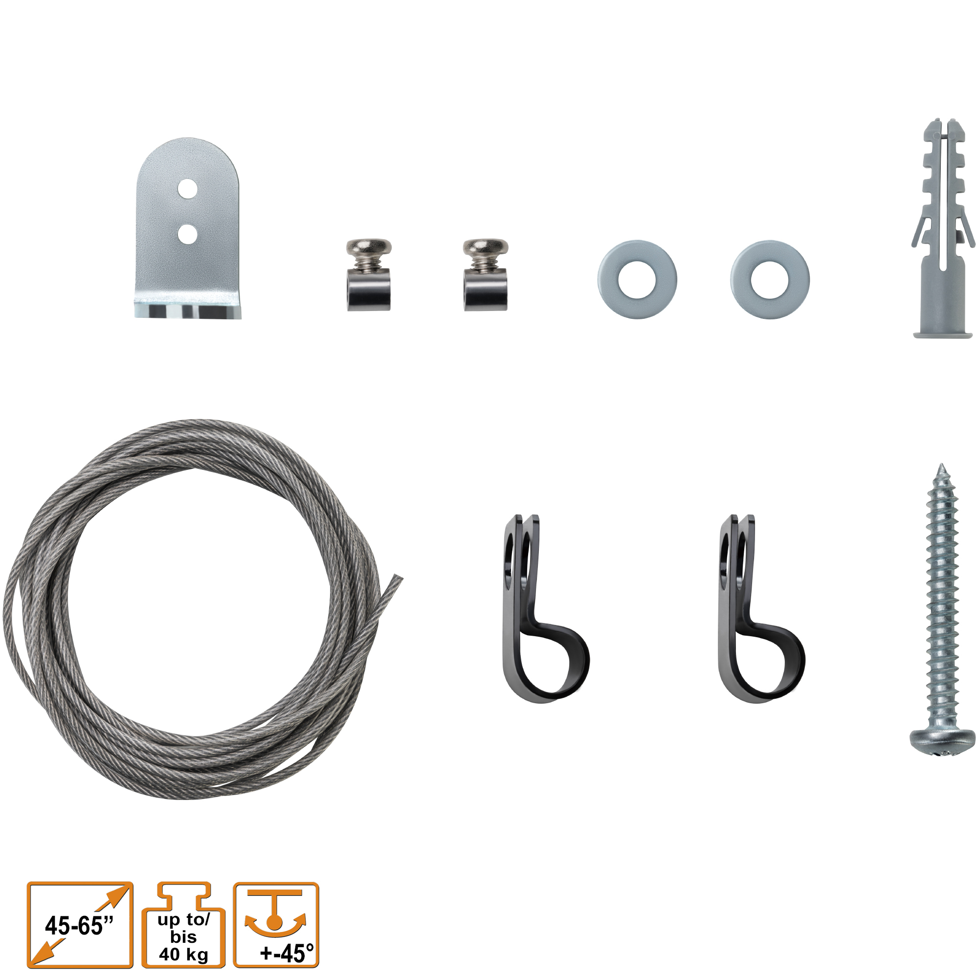 Verschiedene Aufhängungsbeschläge: ein Kabel, Clips, Halterungen, Schrauben und ein Wandanker. Etiketten zeigen Maße und Gewicht.