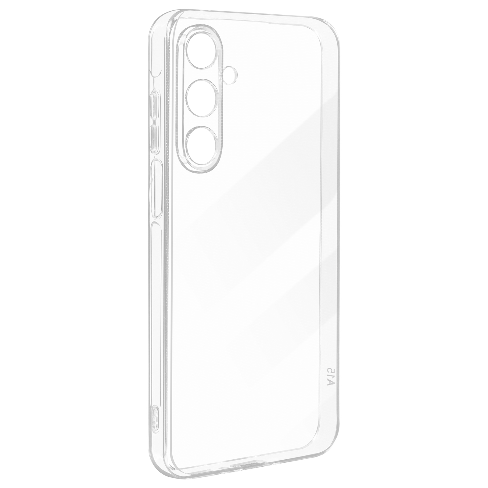 Una custodia trasparente per telefono con tre ritagli per fotocamera e un bordo trasparente.