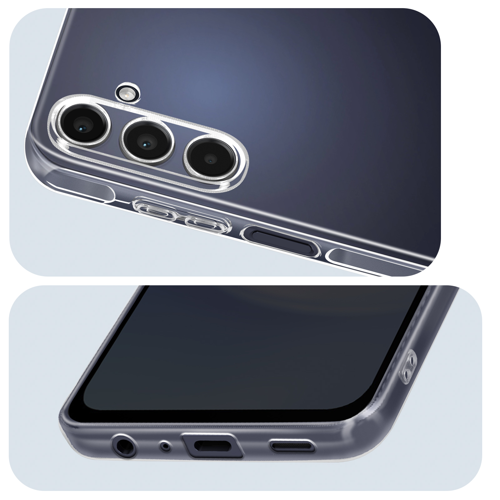 Primo piano di un telefono con custodia trasparente, che mostra le lenti della fotocamera e i pulsanti.