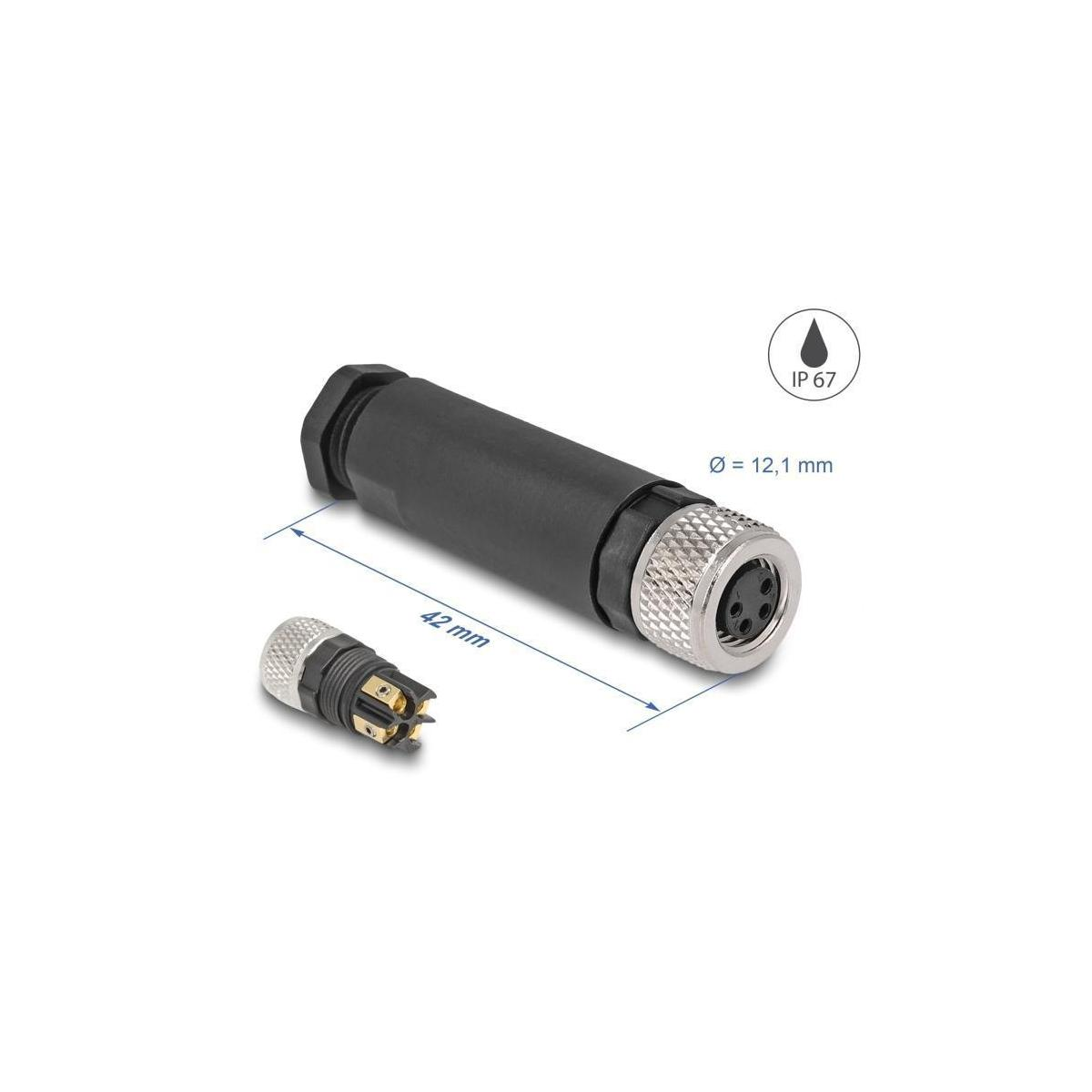Schwarzer Stecker mit silbernen Details und IP 67 Text. Abmessungen sind 42 mm x 12,1 mm. Kleiner Stecker daneben.