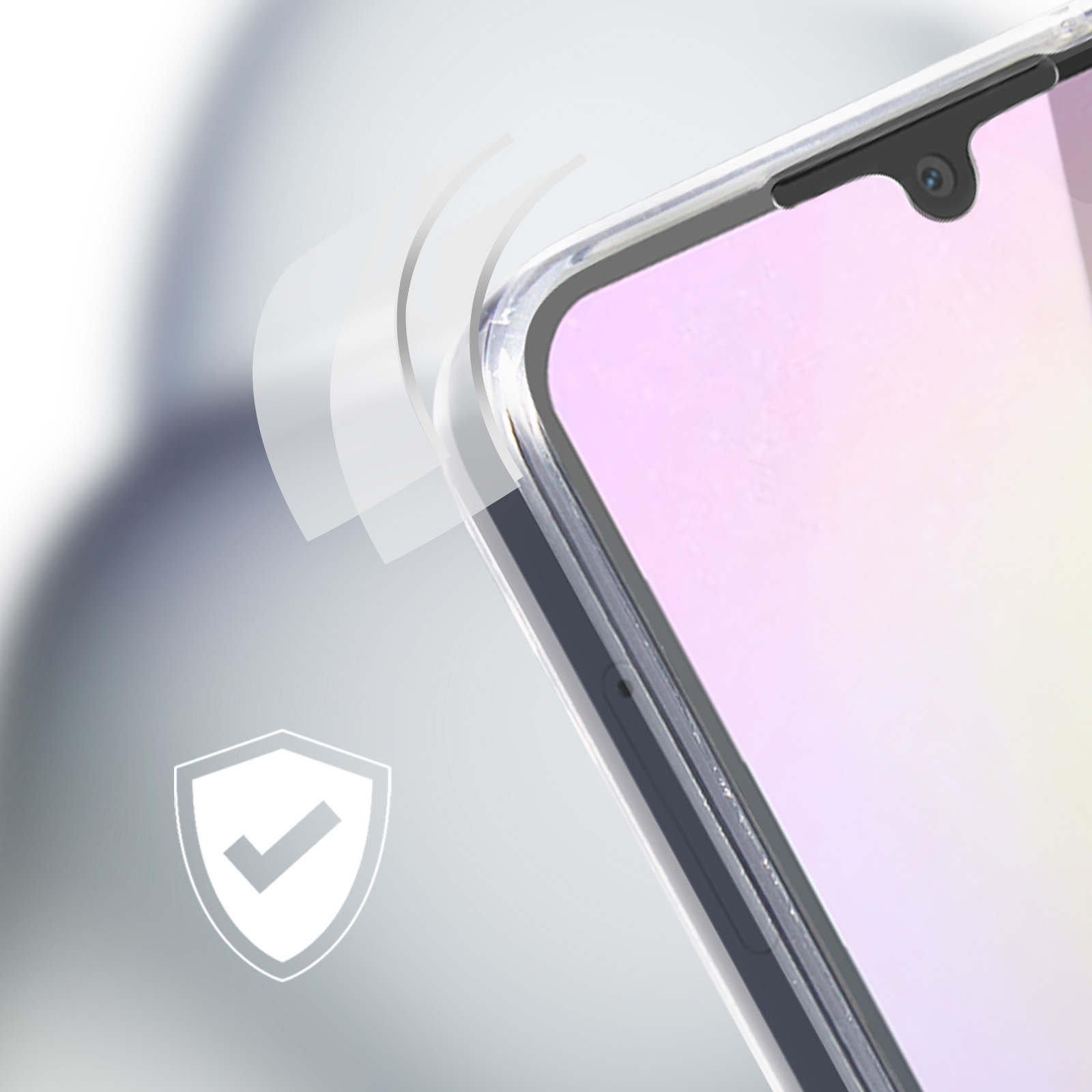 Primo piano di un telefono con custodia trasparente, con icona scudo e segno di spunta.