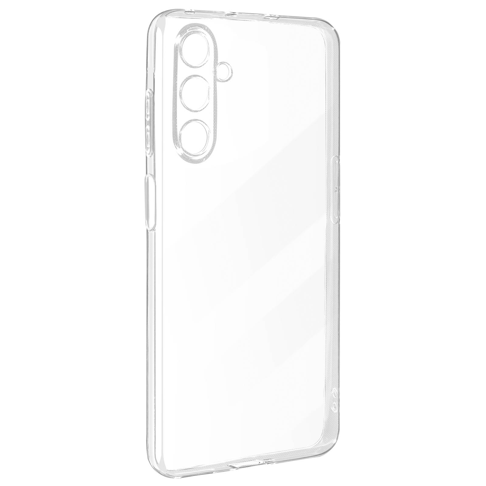 Una custodia trasparente per telefono. È vuota, con i fori della fotocamera visibili.