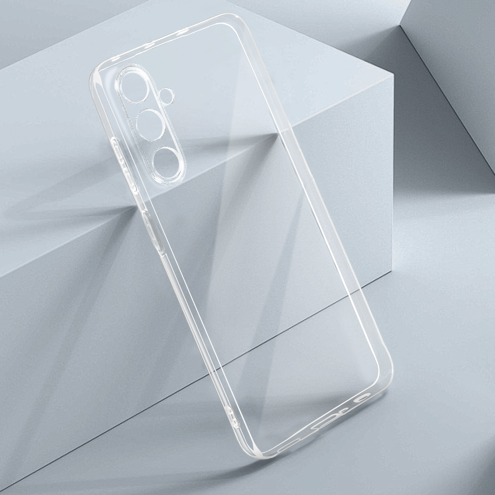 Custodia trasparente per telefono su una superficie grigia geometrica. La custodia è trasparente.