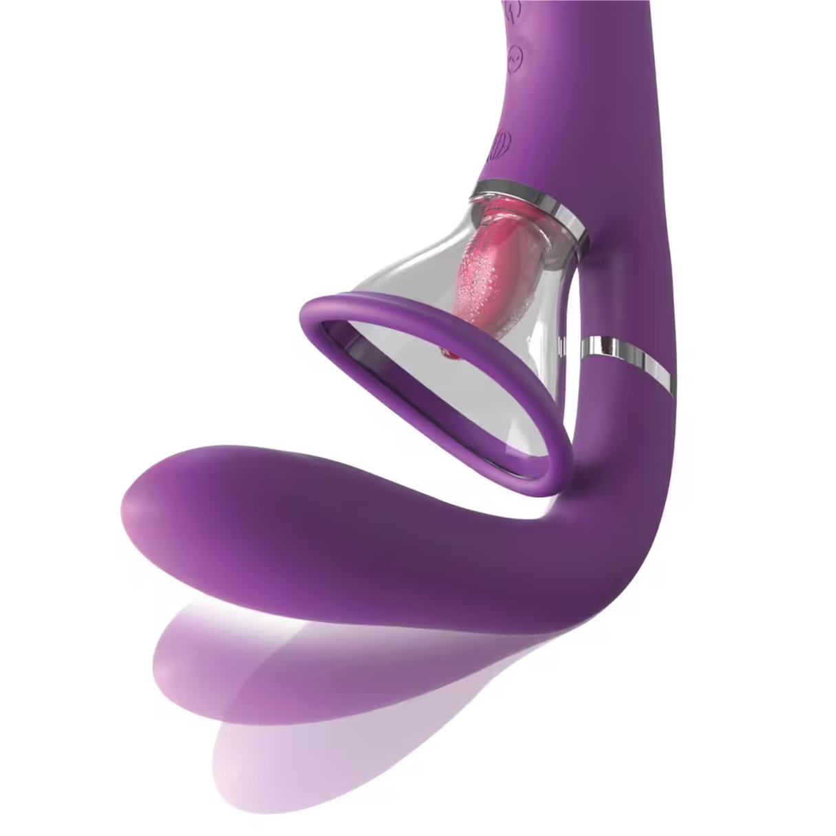 Ein lila Vibrator mit einem rosa zungenartigen Element und einem klaren Ring. Weißer Hintergrund.