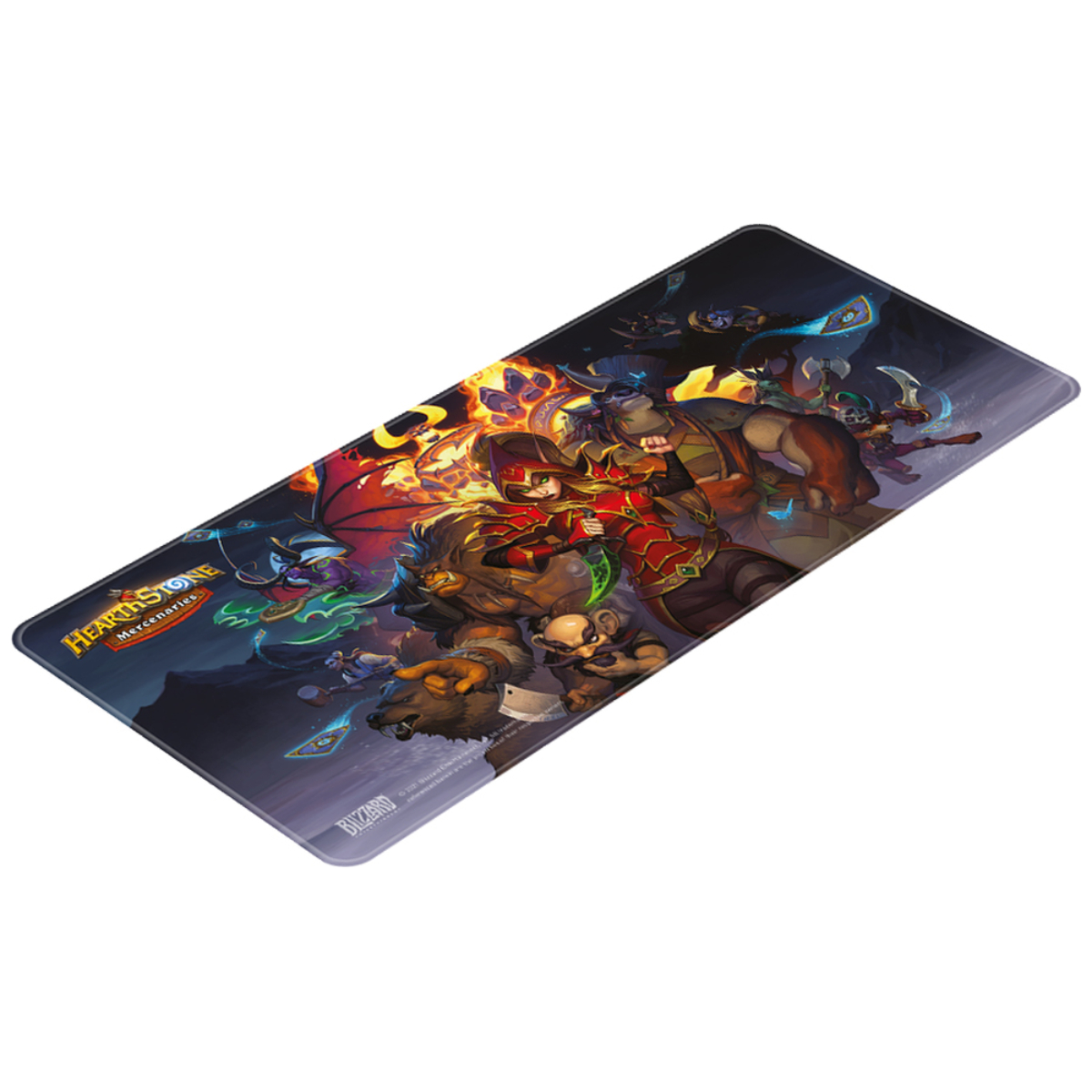 Mousepad mit Hearthstone Mercenaries-Kunst, farbenfrohe Charaktere auf dunklem Grund.