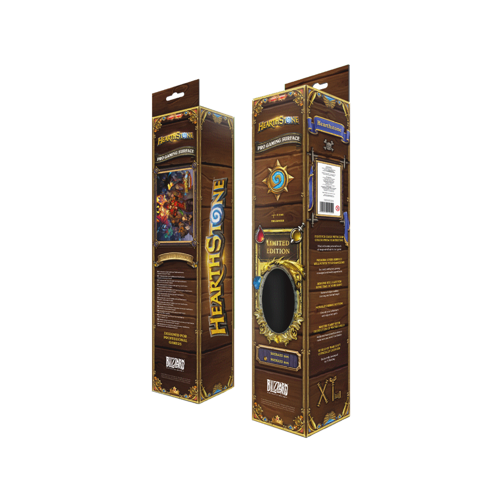 Zwei Hearthstone Gaming-Oberflächenboxen. Sie sind hoch, braun und haben Spielkunst und Text.