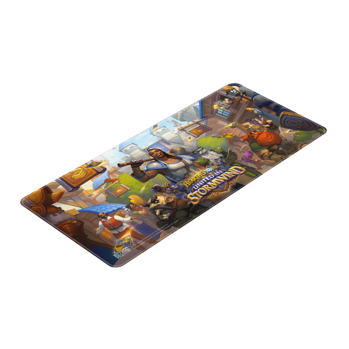 Mauspad mit einem farbenfrohen Bild aus dem Spiel Hearthstone, das Charaktere und eine Stadtszene zeigt.