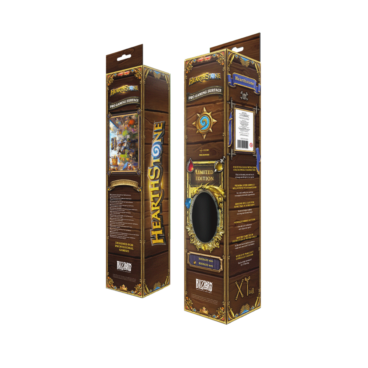 Zwei Hearthstone Gaming-Mauspad-Boxen. Die Boxen zeigen das Hearthstone-Logo und Spielgrafiken.