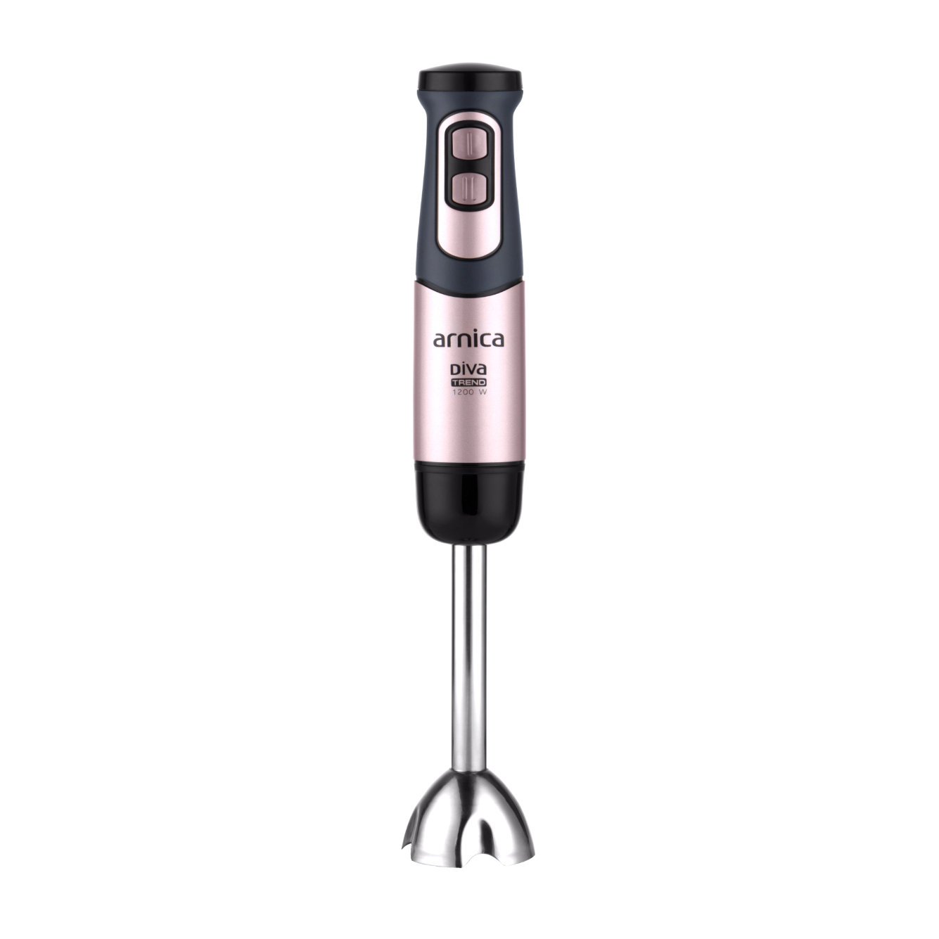 Ein rosa-schwarzer Stabmixer mit silberner Klinge. Auf weißem Hintergrund. Der Griff hat zwei Knöpfe.