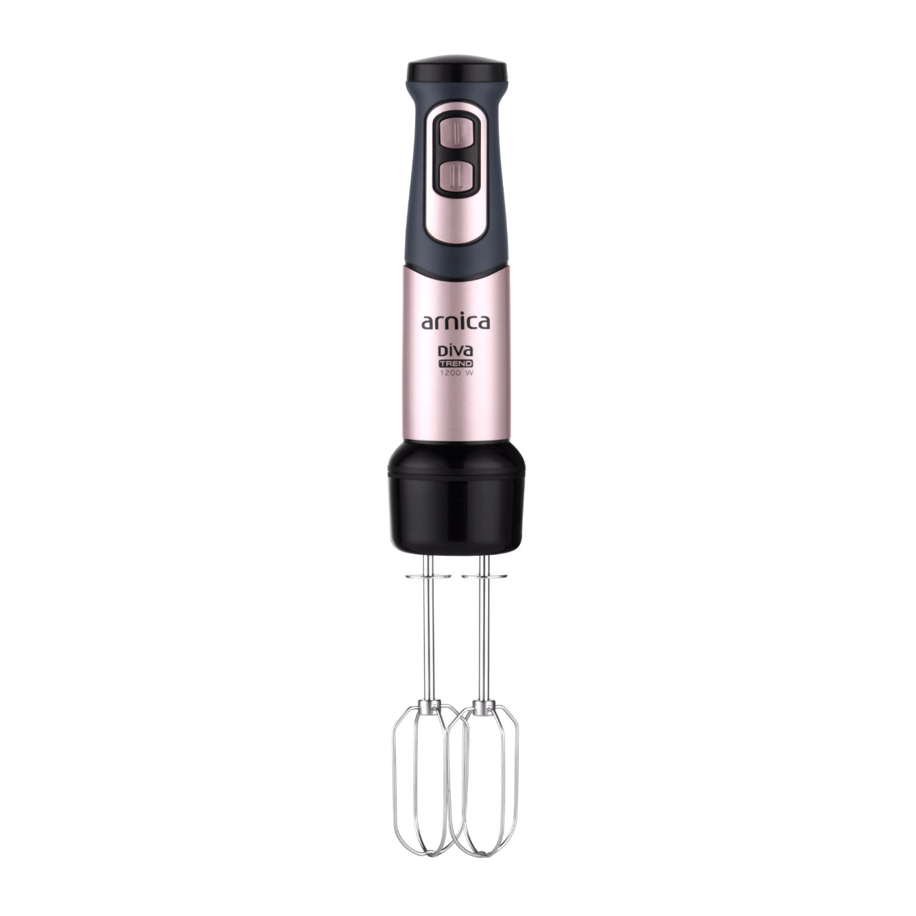 Handmixer. Roségold und Schwarz. Hat zwei Schneebesen.