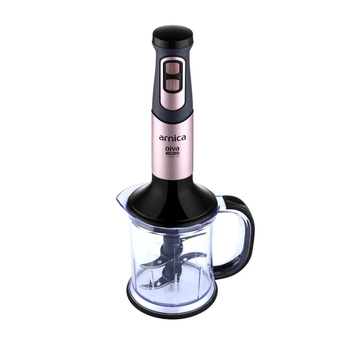 Ein Handmixer mit schwarzem und roségoldenem Gehäuse und einem transparenten Behälter mit Klingen.