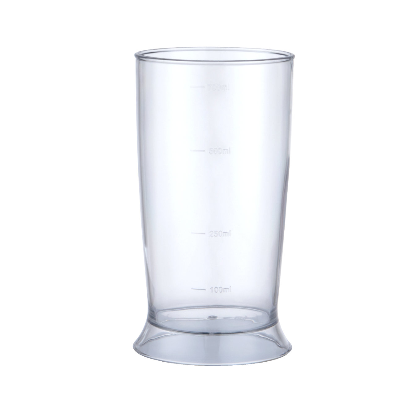 Transparenter Kunststoff-Mixbecher. Hat Volumenmarkierungen: 100 ml, 250 ml, 500 ml und 700 ml.