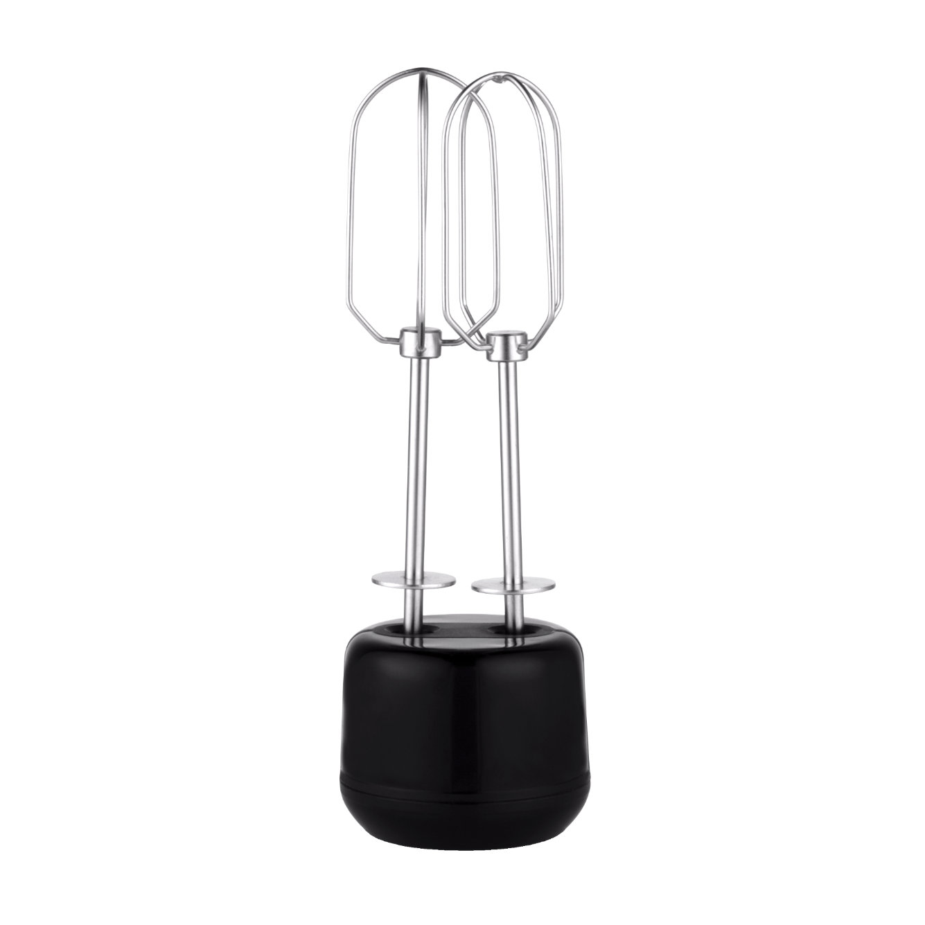 Elektrischer Handmixer mit zwei Schneebesen, schwarzer Basis und silbernen Schneebesen. Weißer Hintergrund.