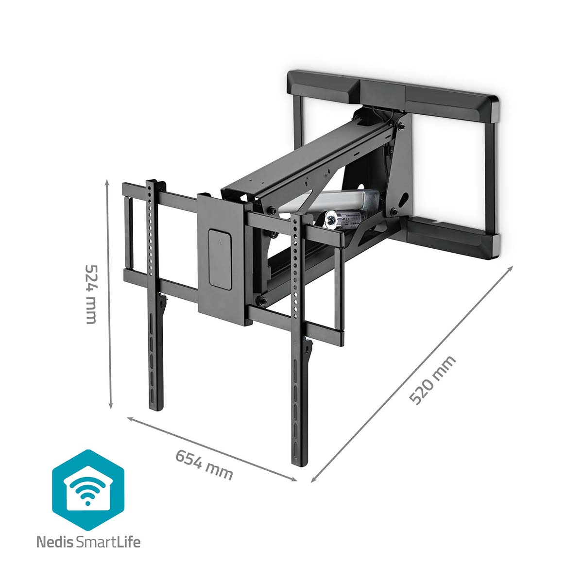 Support mural TV pivotant noir, dimensions 524mm x 654mm x 520mm.