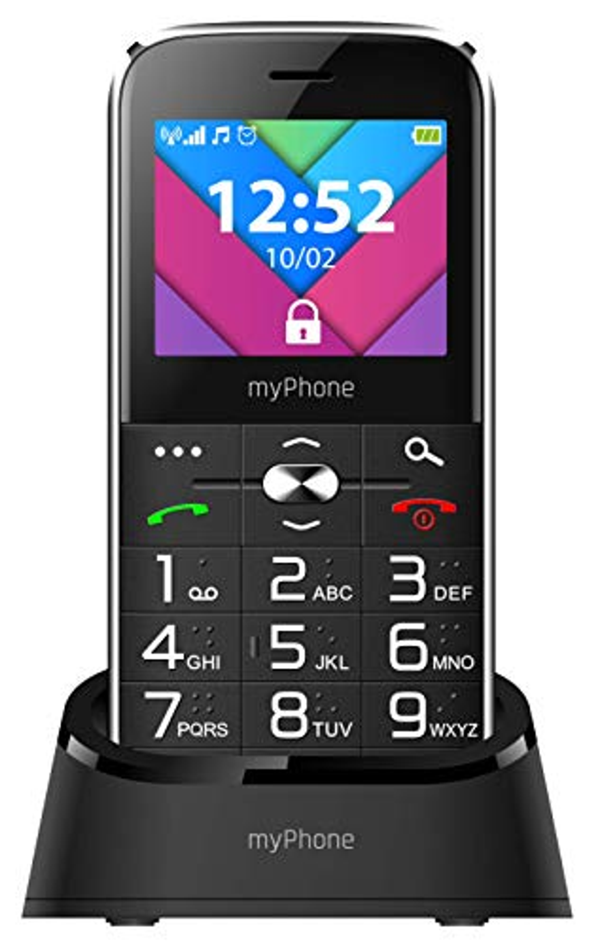 Schwarzes myPhone, mit Farbbildschirm, der Zeit und Datum anzeigt, auf einer schwarzen Ladestation.