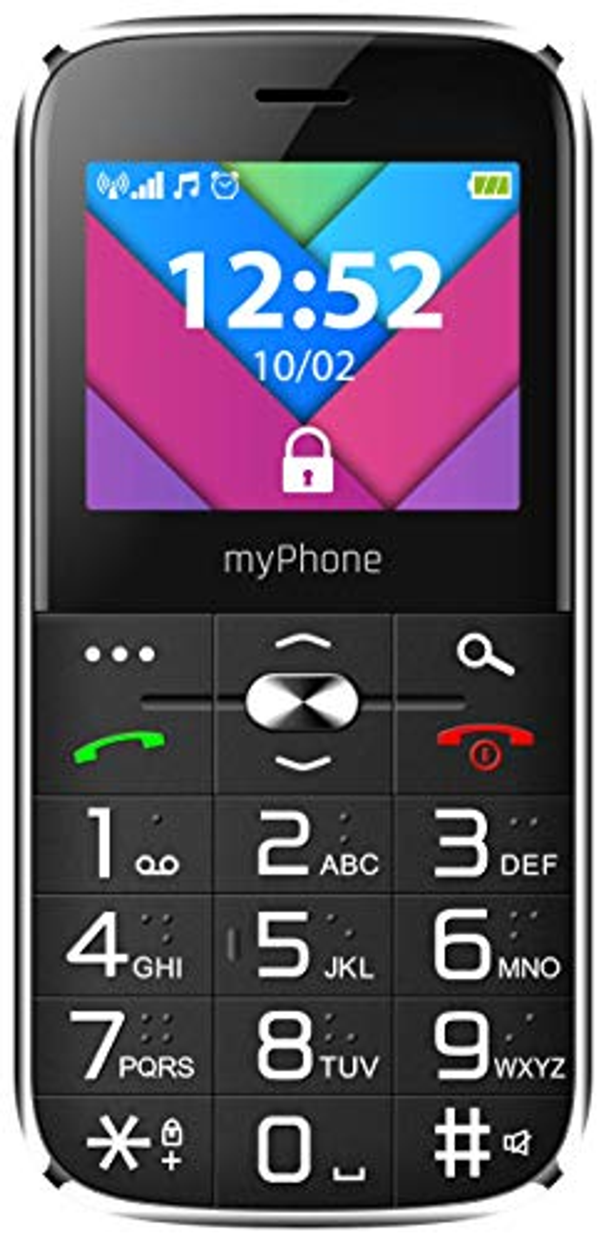 Ein schwarzes myPhone mit großen Tasten, einem Bildschirm mit Uhrzeit und Datum sowie einem Schloss-Symbol.