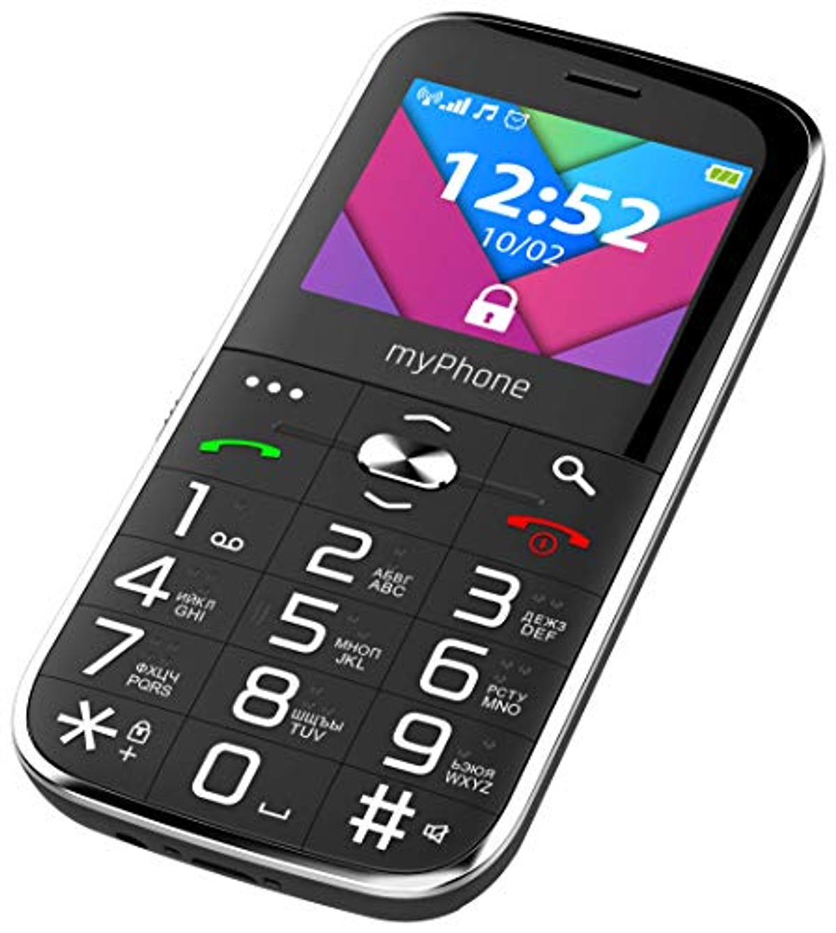 Schwarzes myPhone mit großen Tasten und Bildschirm, der Zeit und Datum anzeigt.