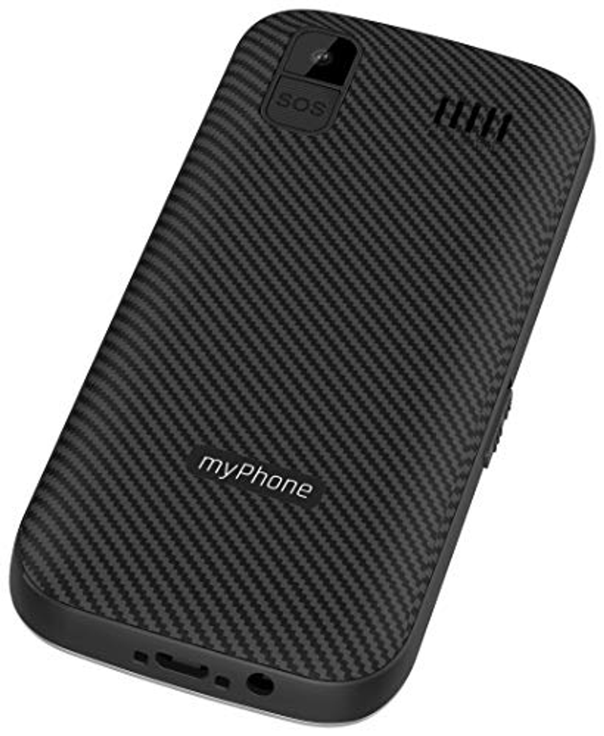 Schwarzes myPhone mit Karbonfasertextur. Rückansicht.