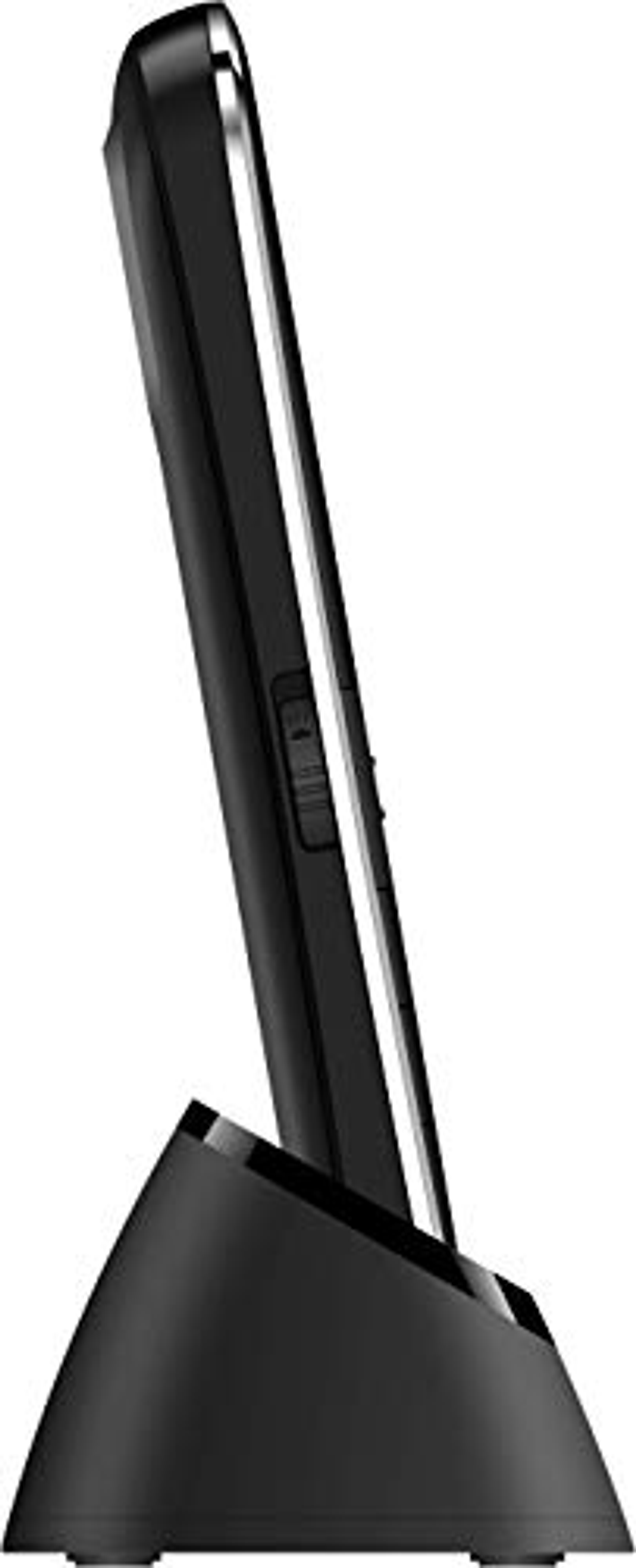 Ein schwarzes Telefon steht in einem Ständer. Das Telefon steht schräg und auf der Seite.
