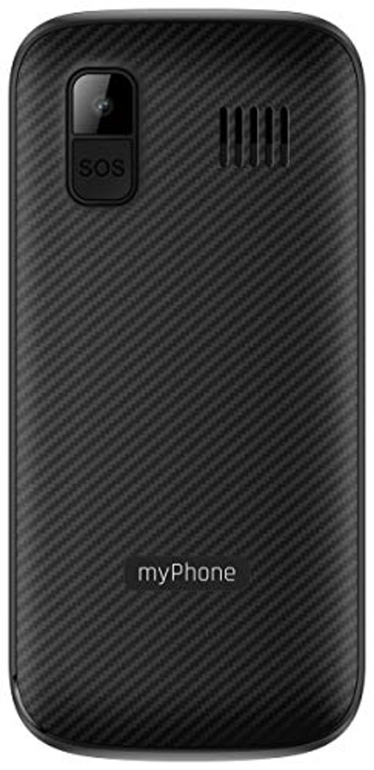 Die Rückseite eines schwarzen myPhone mit der Marke 'myPhone'.