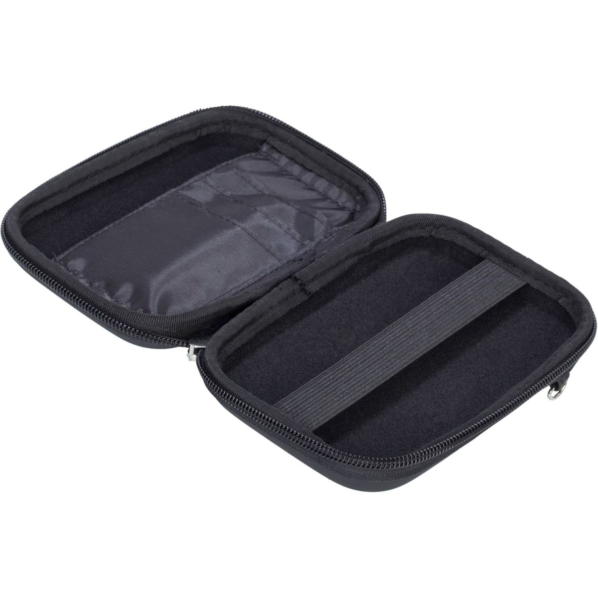 Geöffnete schwarze Tasche mit Reißverschluss. Innen kleines Fach und Gummiband.
