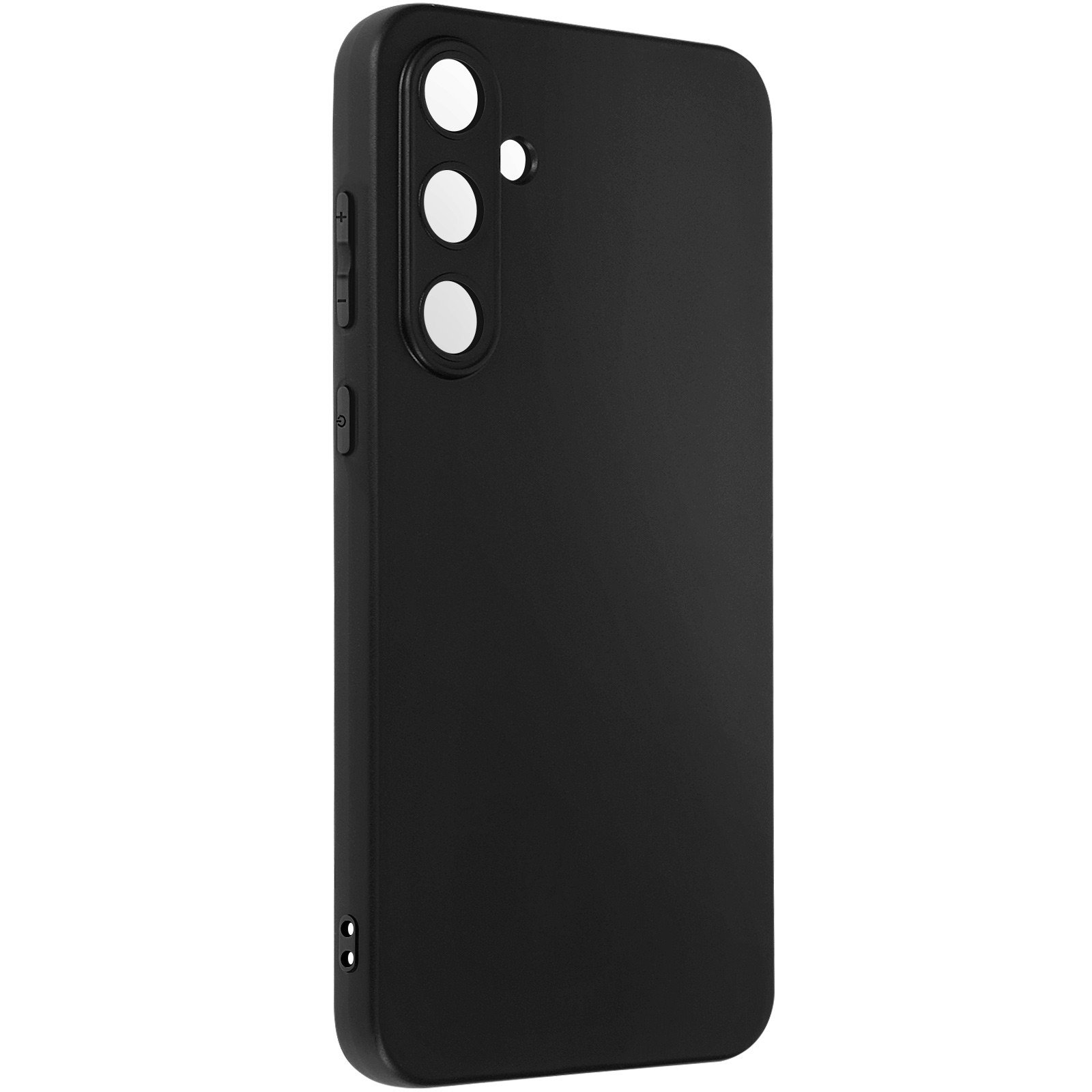 Custodia per telefono nera. Ha tre ritagli per la fotocamera e pulsanti sul lato.