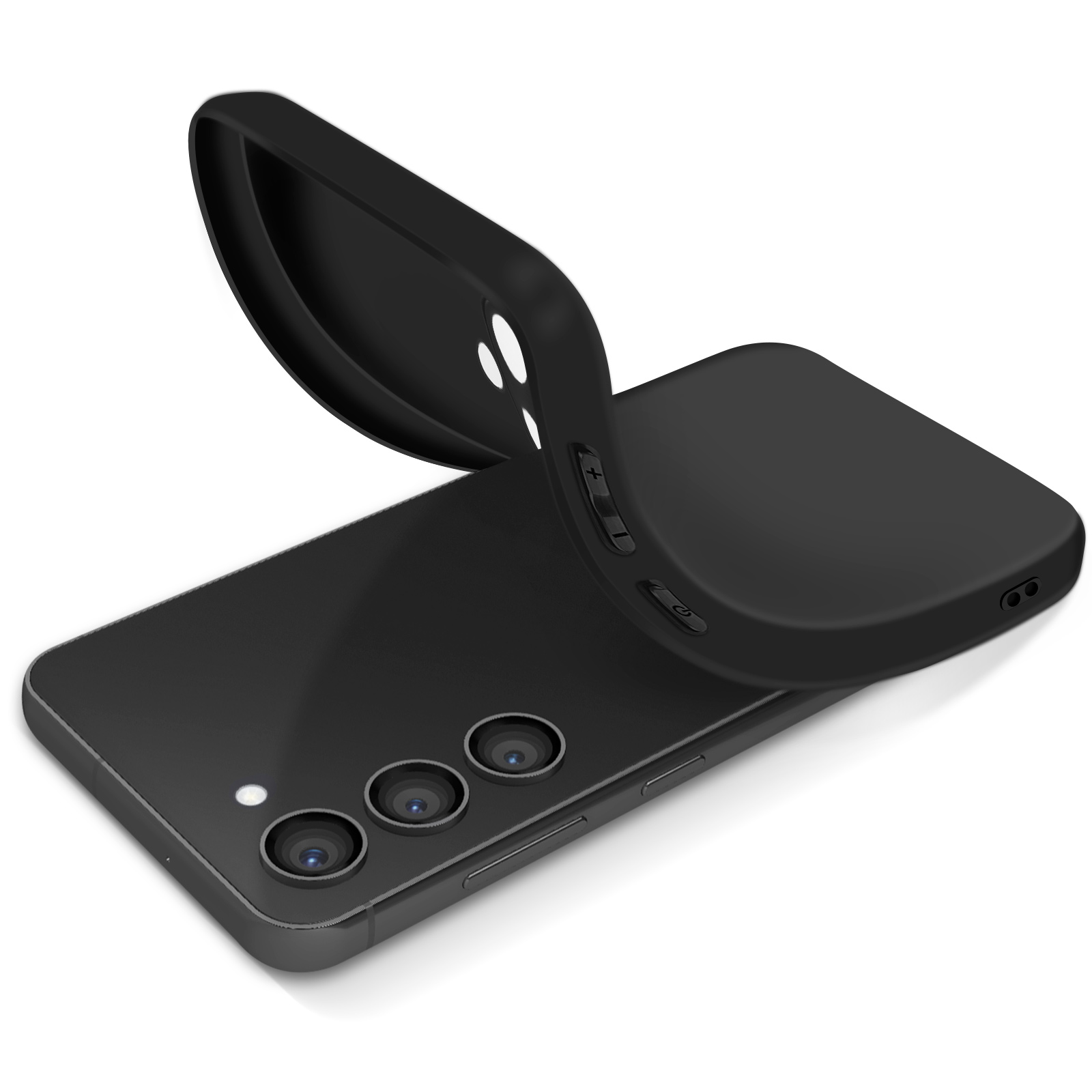 Custodia per telefono nera con telefono nero all'interno. Le lenti della fotocamera sono visibili.