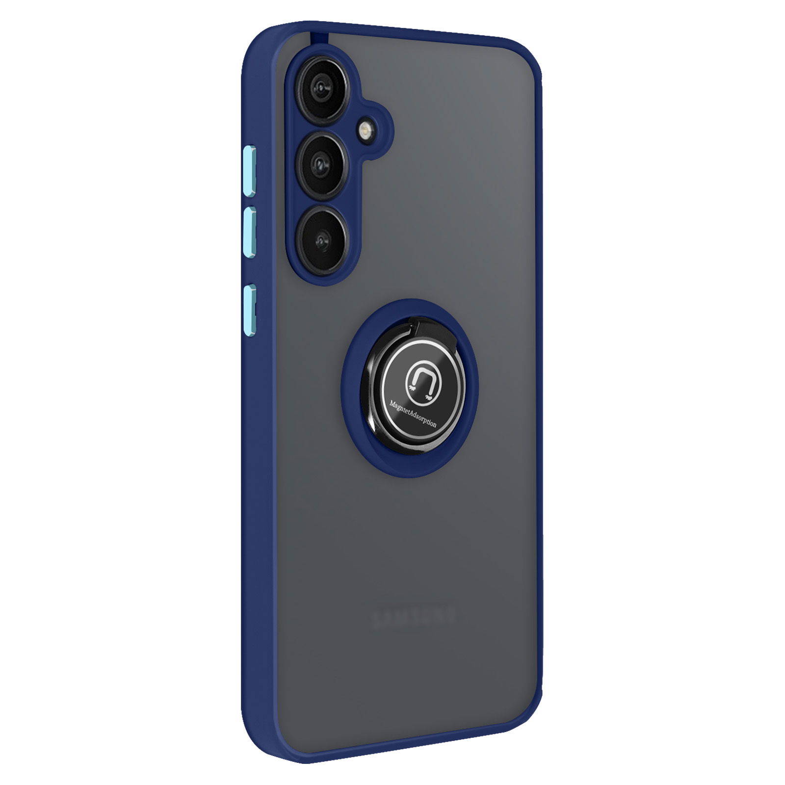 Un telefono in una custodia con anello di presa, su sfondo bianco, con bordo blu scuro.